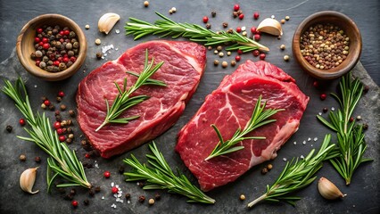 Raw beef steaks with spices and rosemary flat lay top view full hd 4k and 8k photo download