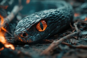 Intense Close-Up of a Snake's Eye with Sharp Contrast and Detailed Texture, A Glimpse into the World of Reptiles