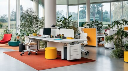 Fototapeta premium Modern Office Interior with Greenery and Bright Colors
