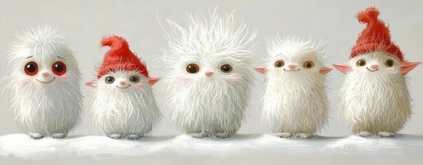 Obraz premium Adorable fluffy creatures with bright eyes and festive hats. Perfect for conveying whimsy and joy in winter-themed designs.