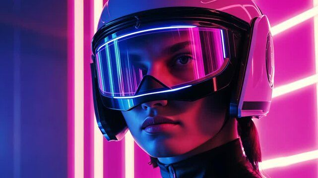 A woman in a futuristic helmet stands in front of a neon-lit wall