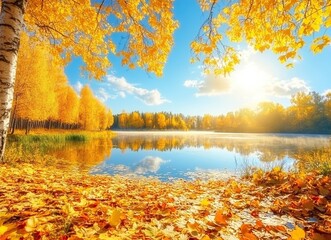 Tranquil autumn scene with golden leaves and a clear lake.