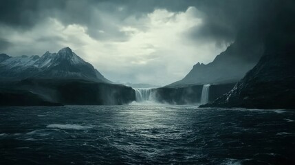 Fototapeta premium Majestic Waterfall Amidst Dramatic Mountain Landscape