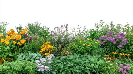Fototapeta premium Natural flower garden with vibrant blooms and green foliage, isolated on white