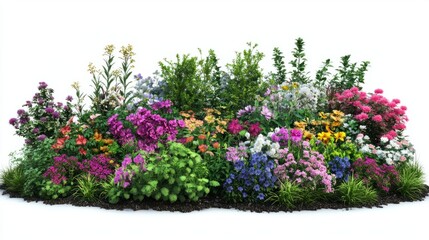 Naklejka premium Natural flower garden with vibrant blooms and green foliage, isolated on white