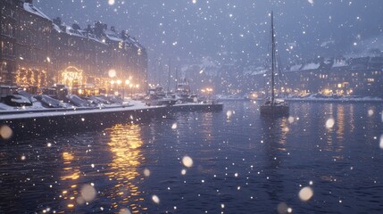Winter Wonderland: Enchanting View of Snowy Waterfront City with Boats and City Lights in Evening Darkness
