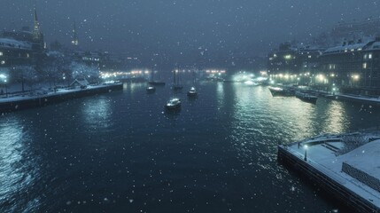 Winter Wonderland: Tranquil Snowy Waterfront City with Boats and City Lights at Night