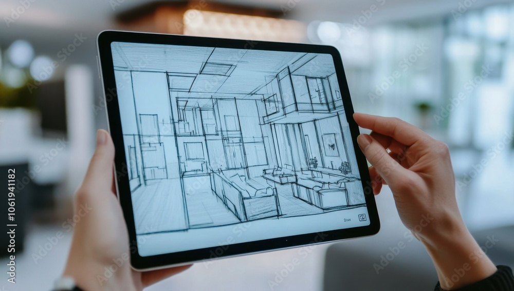 Poster a hand holds a digital tablet with a screen displaying a digital drawing of a modern interior design