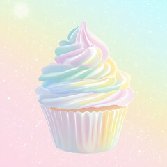 A cute pastel cupcake with swirls of rainbow frosting against a soft gradient background