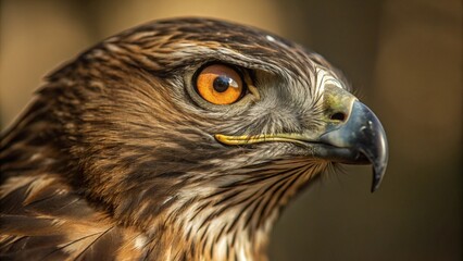 Fototapeta premium Close-up of a majestic eagle’s eye, capturing the sharp details of its feathers and powerful beak. The golden eye reflects light, exuding strength and intensity, symbolizing the bird's fierce and nobl