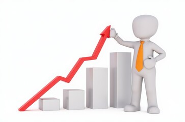 3d man red arrow success chart on white background.