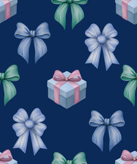 illustration of a gift box with bow and bows. seamless pattern