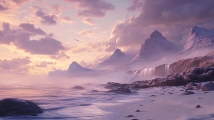 Serene Seascape with Majestic Mountains and Soft Clouds