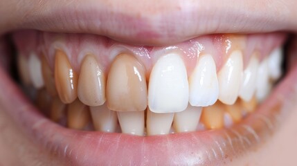 Close-up of a person's teeth, showing a difference in color between the natural teeth and a dental restoration. The whiter tooth is a restoration.