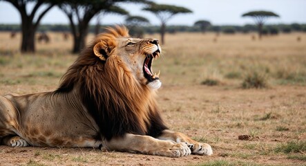 Naklejka premium Lion roaring on a savannah 