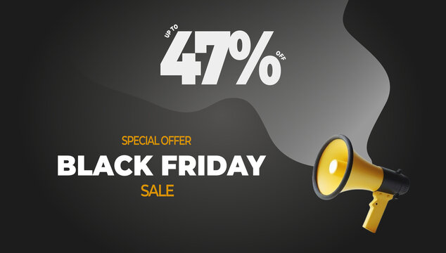 imagem com megafone anunciando "UP TO 47% OFF", vendas de fim de ano