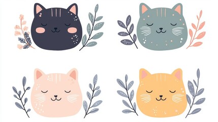 Cute illustrated cat faces in pastel colors surrounded by leaves, perfect for children's designs and pet-related projects.
