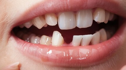 Obraz premium A close-up shot of a person's open mouth, revealing a chipped tooth and a gap between two teeth. The image highlights the need for dental care and the importance of maintaining oral hygiene.
