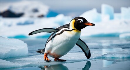 Fototapeta premium Penguin sliding on ice 