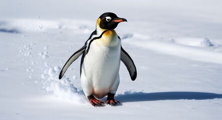 Fototapeta premium Penguin sliding on snow 