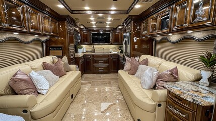 Fototapeta premium Luxurious interior of a high-end recreational vehicle featuring elegant wooden cabinetry, plush leather seating, and a fully-equipped modern kitchen