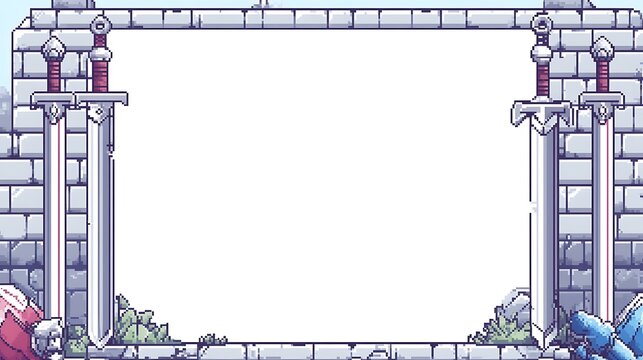 Pixel art frame with two swords on a stone wall with a blank white space. - Powered by Adobe