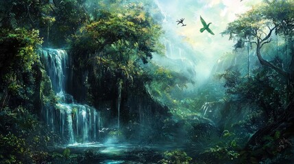 Obraz premium Serene Jungle Waterfall with Lush Greenery and Birds