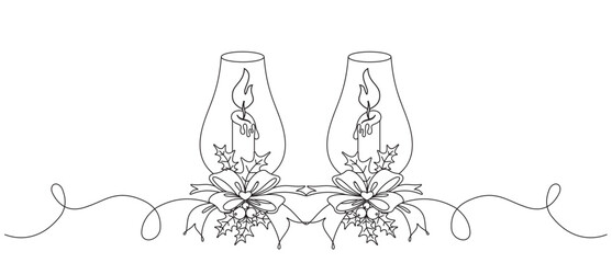 Line art style vector illustration of Christmas candles and Christmas baubles