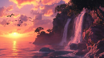 Fototapeta premium Serene Sunset over Waterfall and Coastline