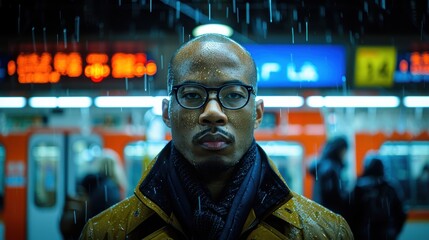 Fototapeta premium A contemplative individual stands in a bustling city subway station, surrounded by vibrant signage, capturing the heartbeat of urban life