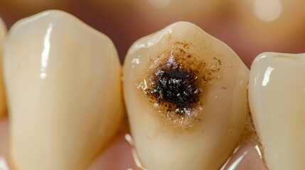 Close-up of a tooth with a large cavity. The cavity is dark brown and is surrounded by yellow enamel.