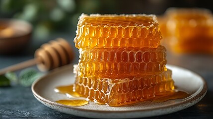 Golden honeycomb candy pieces stacked on a white plate, with a drizzle of honey