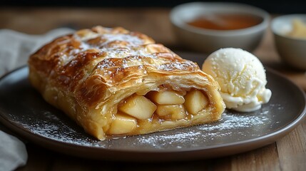 Golden-brown apple strudel with a flaky crust, served with a scoop of vanilla ice cream