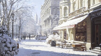 Fototapeta premium Winter Wonderland: Cozy Cafes on a Snowy City Street Corner