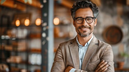Portrait of a smiling professional man wearing glasses in a stylish blazer, posing confidently with folded arms in a modern business setting indoors