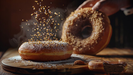 A person is caught mid-bite with a giant donut, crumbs scattering across the table, symbolizing indulgence in sweets.