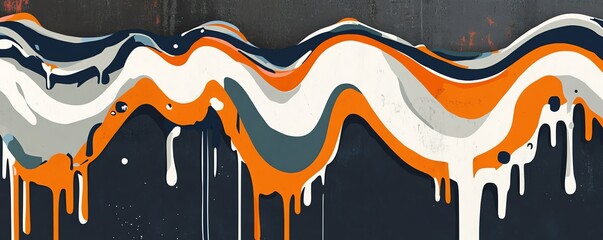 Composition abstraite de vagues fluides en orange, blanc et bleu marine.