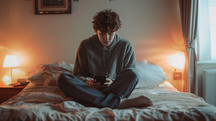A teenage boy sits at the edge of his bed, his sad expression reflecting the pain of receiving online hate through his phone.
