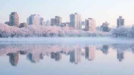 Obraz premium Serene Winter Reflection: Snowy City Skyline Mirrored in Calm Lake with Dreamlike Fog and Soft Light Creating an Ultra-Detailed Scene