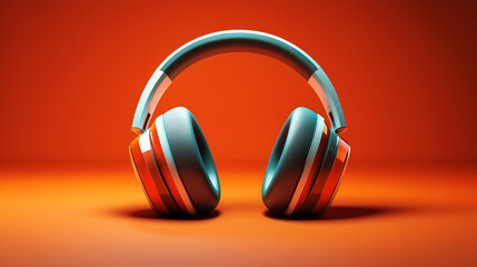 A pair of modern, blue and orange headphones sit centered on a vibrant orange background, showcasing sleek design and immersive audio technology.