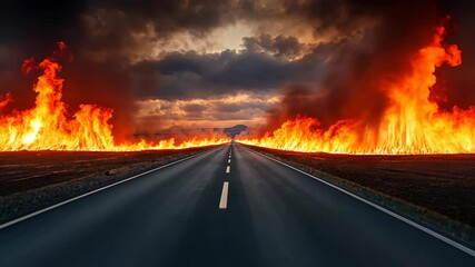 A long, straight road cuts through a field of flames, the fire extending as far as the eye can see