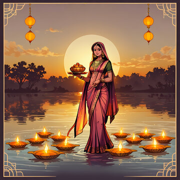 Chhath Puja Indian Bihari festival celebration traditional background vector illustration with space text. Women doing prayer of sunrise site by ai