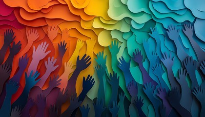 Dynamic paper cutout design of a diverse community gathering, highlighting the importance of collaboration and support among individuals