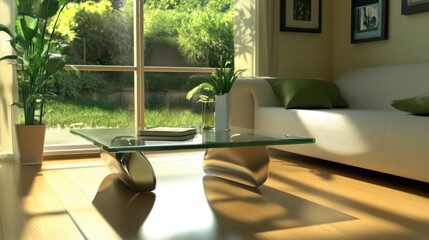 Fototapeta premium Modern Living Room with Glass Coffee Table and Plants