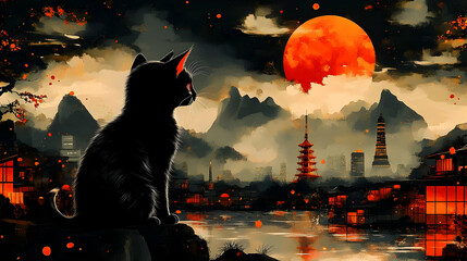Black Cat Silhouetted Against Red Moon in Japanese City Illustration