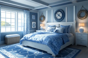 Obraz premium Coastal Bedroom Interior Design with Ocean View Blue and White Decor Nautical Theme