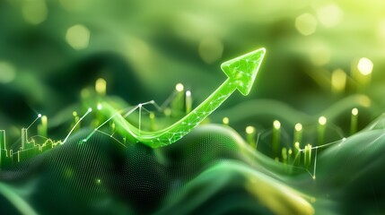 Powerful green arrow rising symbolizing business growth and sustainability under ESG principles in a majestic abstract background