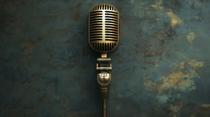 A classic vintage-style microphone placed on a textured rustic background, representing a bygone era of radio and live performances, evoking nostalgia and charm.