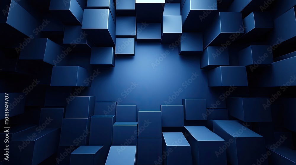 Fototapete deep blue monochrome 3d cubes forming a striking backdrop with an empty center, perfect for product 