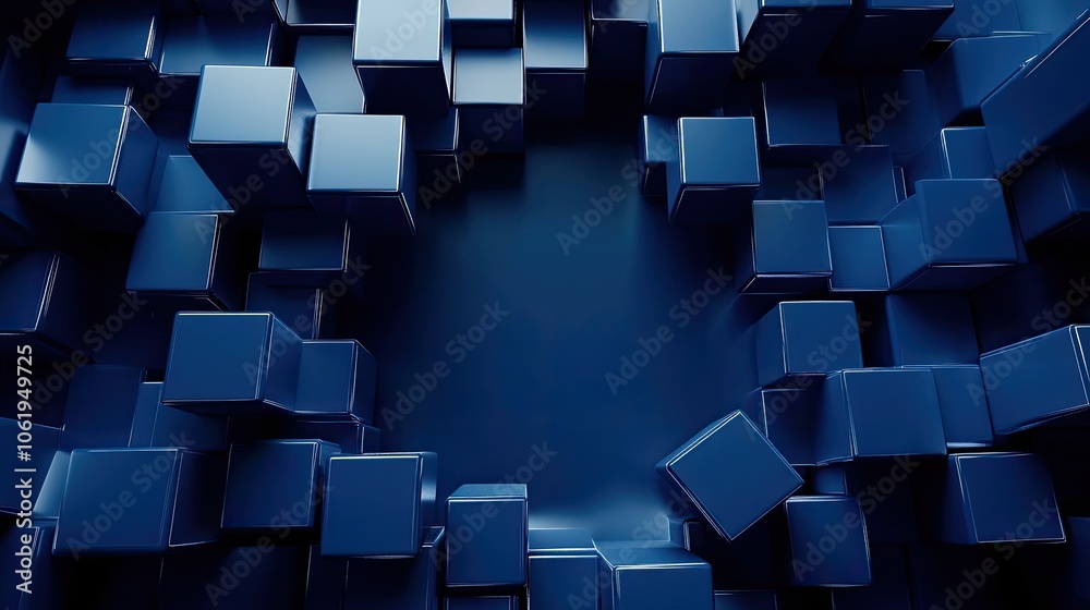 Fototapete deep blue monochrome 3d cubes forming a striking backdrop with an empty center, perfect for product 
